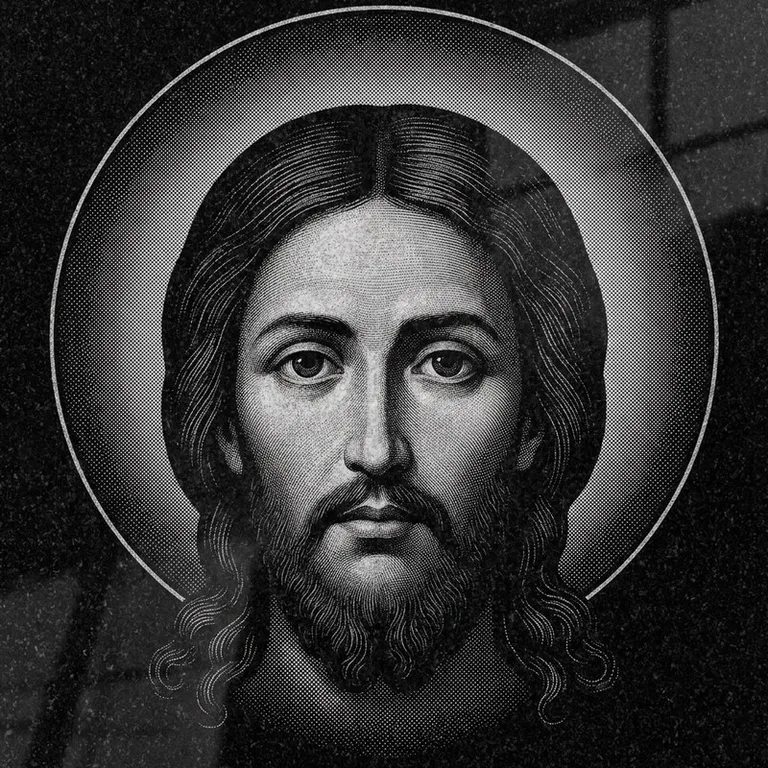 Эскиз иконы: Спас Нерукотворный (полутон) — детальный лик на убрусе, гравировка на памятник в Магнитогорске