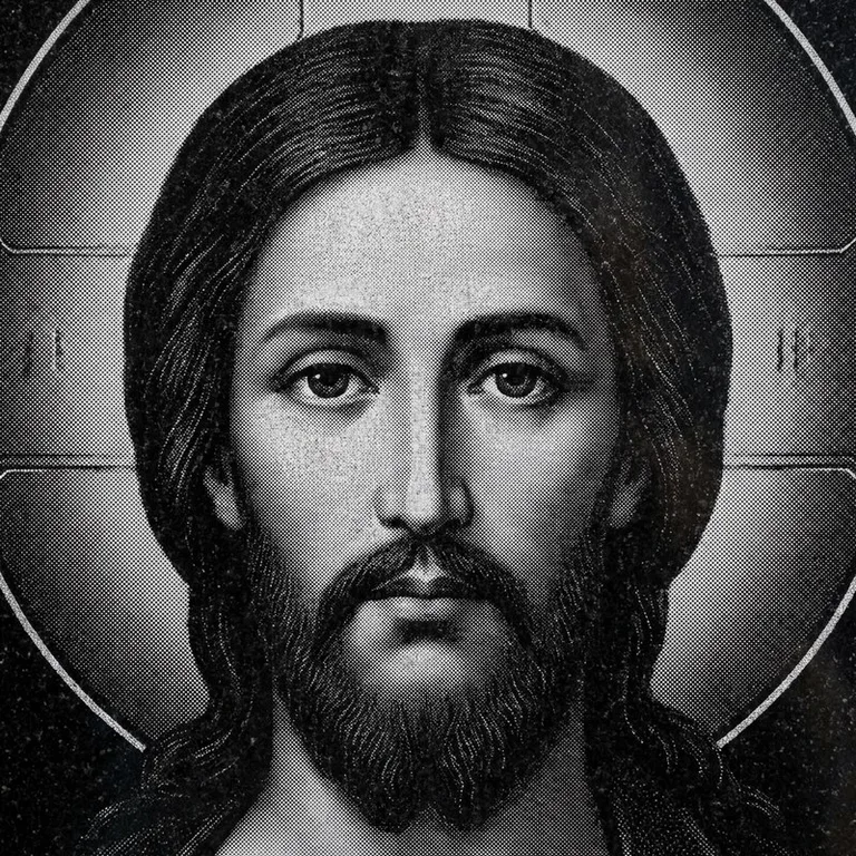 Эскиз иконы: Спас Вседержитель (полутон) — объёмный лик, светотень, гравировка на памятник в Магнитогорске