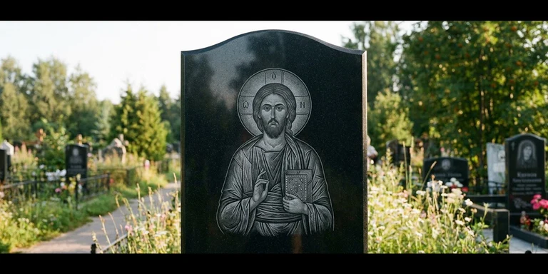 Иконы для гравировки на памятник в Магнитогорске — образ на стеле из чёрного гранита с ручной доводкой лика