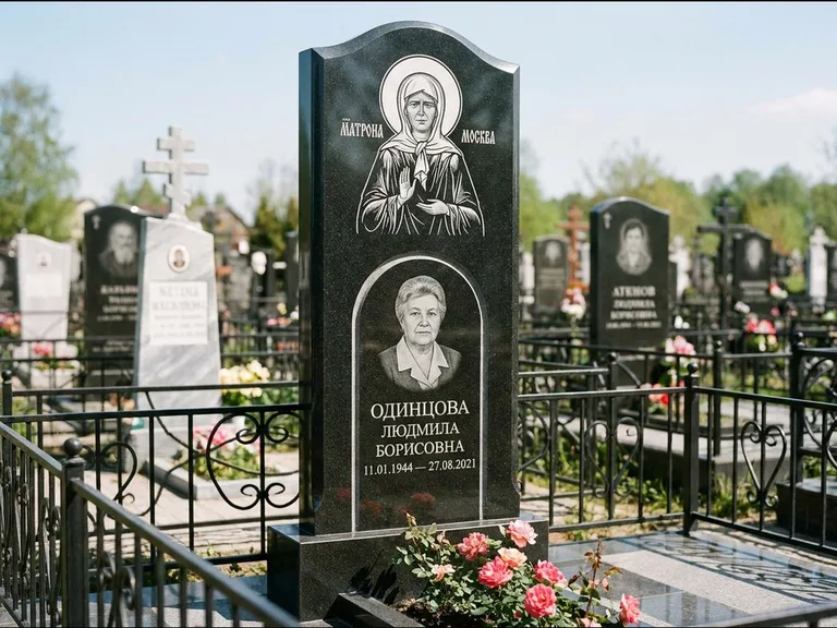 Памятник с гравировкой иконы — Владимирская икона Божией Матери с Младенцем, работа «Зотов» в Магнитогорске