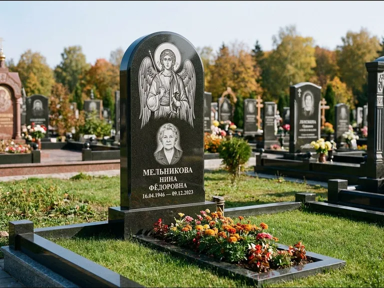 Памятник с гравировкой иконы — икона над портретом усопшего, работа «Журавлёв» в Магнитогорске