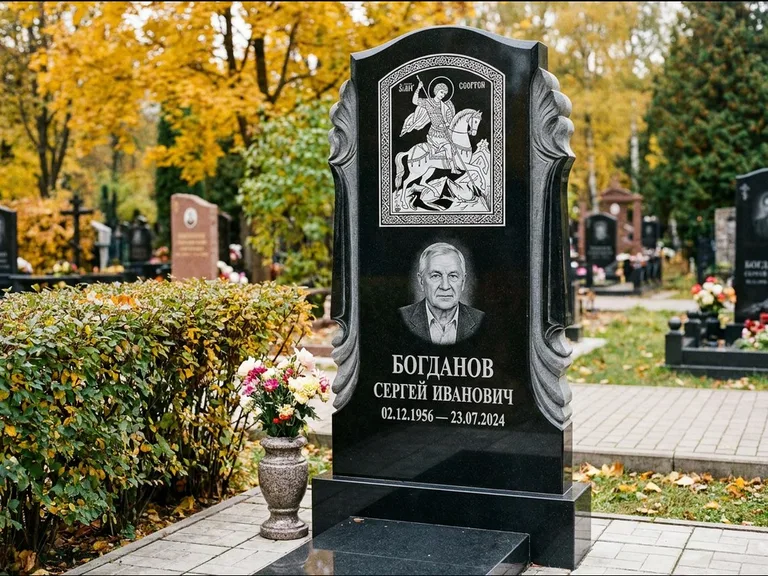 Памятник с гравировкой иконы — икона Спаса Вседержителя над именем усопшего, работа «Лебедева» в Магнитогорске