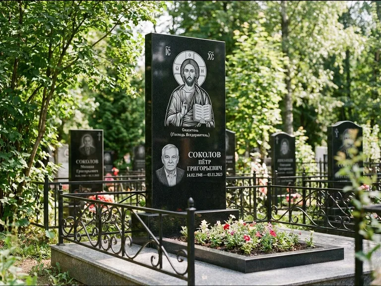 Памятник с гравировкой иконы — икона Спаса Вседержителя над именем усопшего, работа «Воронцова» в Магнитогорске