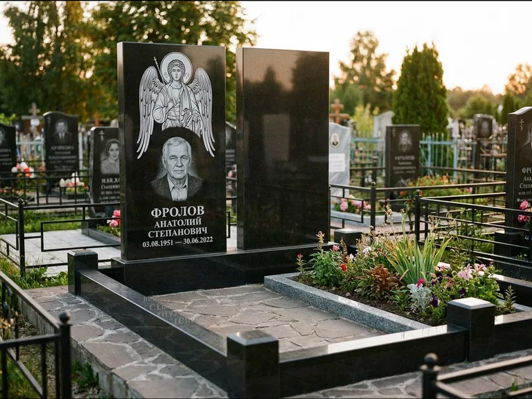 Памятник с гравировкой иконы: стела с резной рамкой вокруг иконы — Архангел Михаил на стеле, белая мраморная крошка с бордюром, работа «Богданова» в Магнитогорске