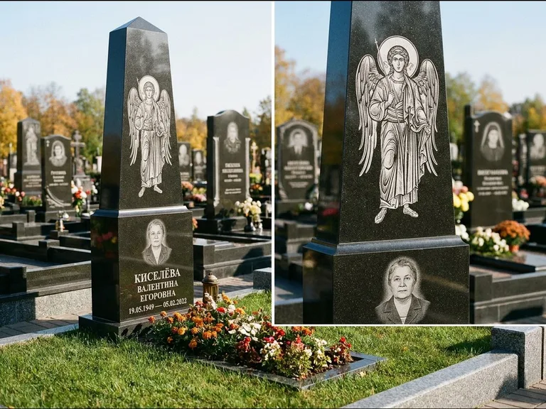 Памятник с гравировкой иконы: асимметричная скошенная стела — гравировка образа Спасителя, живая изгородь из кустарника, работа «Третьяков» в Магнитогорске