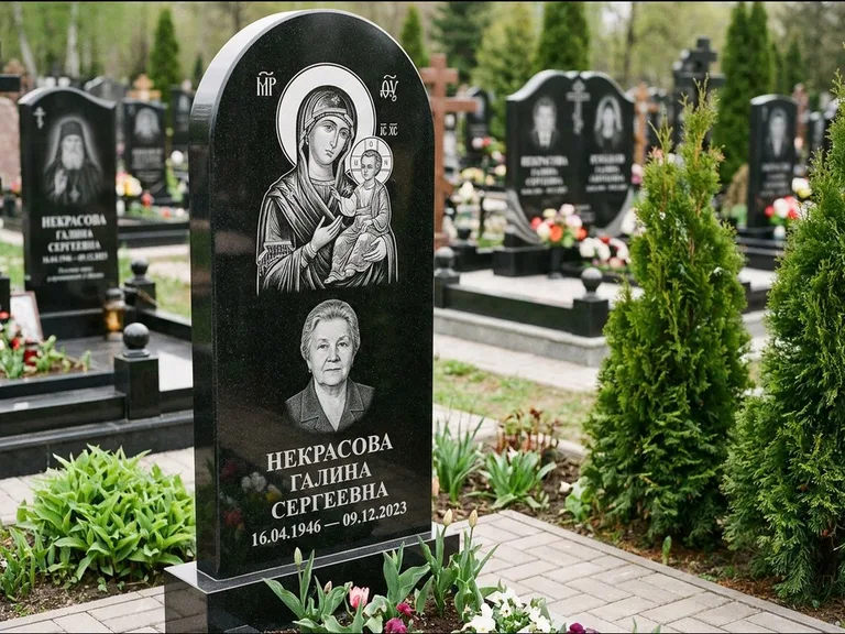 Памятник с гравировкой иконы: фигурная стела с киот-нишей под икону — икона в резной рамке-киоте, светлая гравийная отсыпка, работа «Журавлёв» в Магнитогорске
