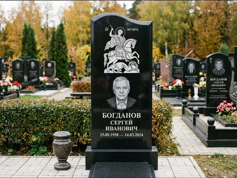 Памятник с гравировкой иконы: монументальный семейный мемориал из двух стел на общем цоколе — гравировка Николая Чудотворца, мощёная гранитная площадка без ограды, работа «Раевская» в Магнитогорске