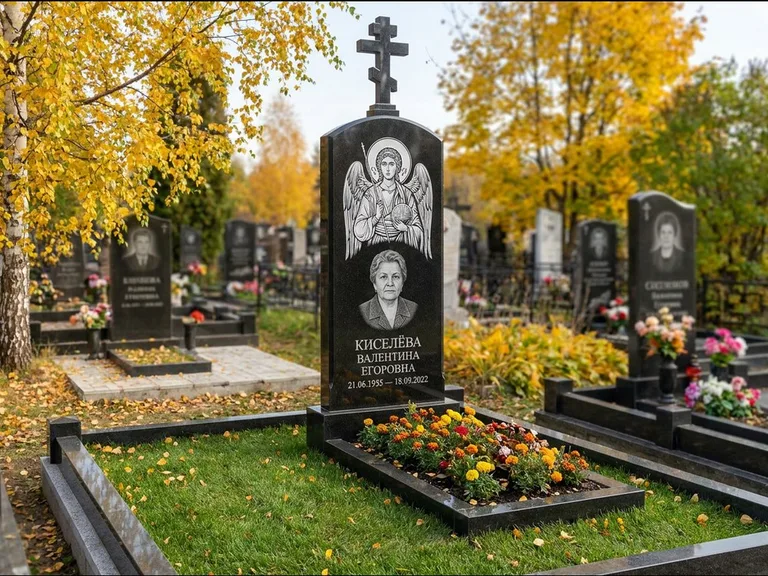 Памятник с гравировкой иконы — образ в полный рост на обороте стелы, работа «Гущин» в Магнитогорске