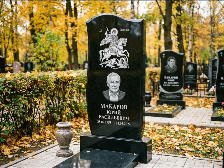 Памятник с гравировкой иконы — икона над портретом усопшего, работа «Раевская» в Магнитогорске