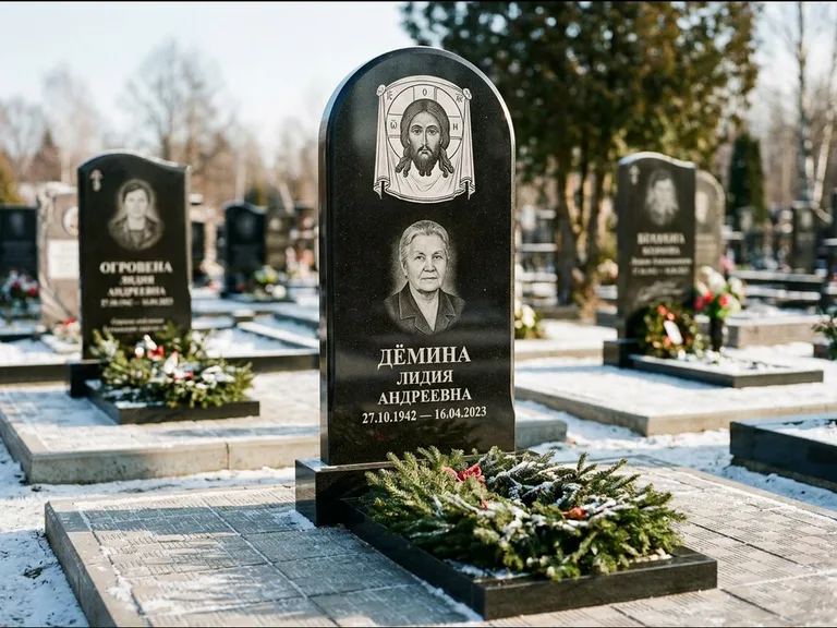 Памятник с гравировкой иконы — икона Спаса Вседержителя над именем усопшего, работа «Ковалёв» в Магнитогорске