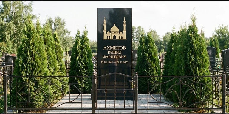 Гравировка мечети на памятник в Магнитогорске — стела из чёрного гранита, оформление по канонам ислама