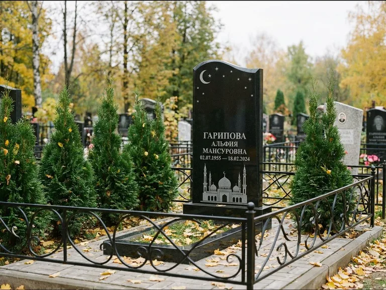 Мусульманский памятник с гравировкой мечети — мечеть с луной в ночном небе, работа «Гарипова» в Магнитогорске