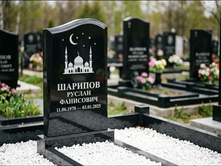 Мусульманский памятник с гравировкой мечети: стела с волнообразным скошенным верхом — гравировка мечети под полумесяцем и звёздами, белая мраморная крошка с бордюром, работа «Шарипов» в Магнитогорске