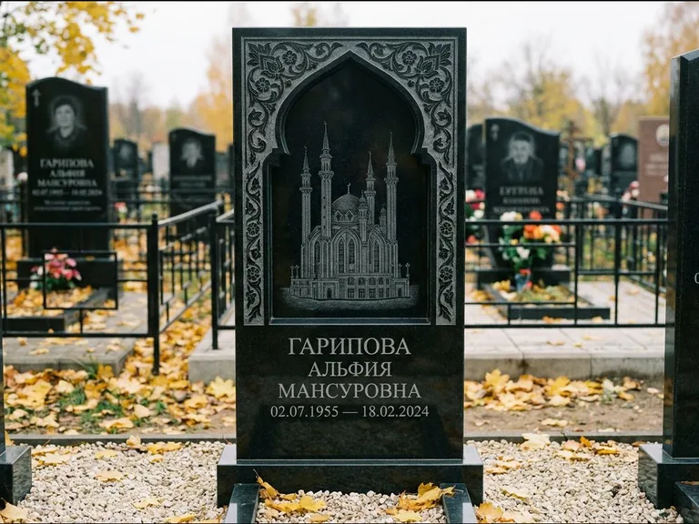 Мусульманский памятник с гравировкой мечети: фигурная стела с михраб-нишей — гравировка мечети в михраб-арке с орнаментом, светлая гравийная отсыпка, работа «Гарипова» в Магнитогорске