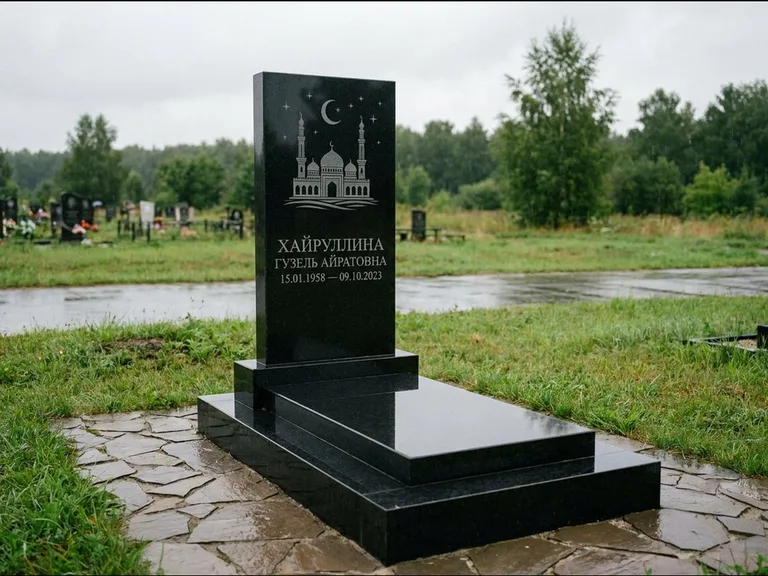 Мусульманский памятник с гравировкой мечети: ступенчатая двухуровневая стела — гравировка мечети под полумесяцем и звёздами, каменная дорожка из плитняка, работа «Хайруллина» в Магнитогорске