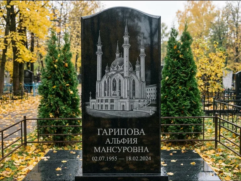Мусульманский памятник с гравировкой мечети — мечеть Кул-Шариф на обороте стелы, работа «Гарипова» в Магнитогорске