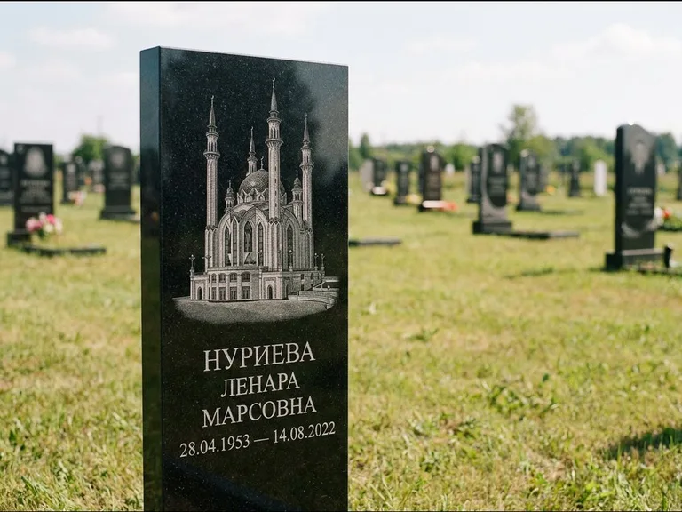 Мусульманский памятник с гравировкой мечети: узкая вертикальная стела-пилон — гравировка мечети в михраб-арке с орнаментом, открытая лужайка без ограды, работа «Хайруллина» в Магнитогорске