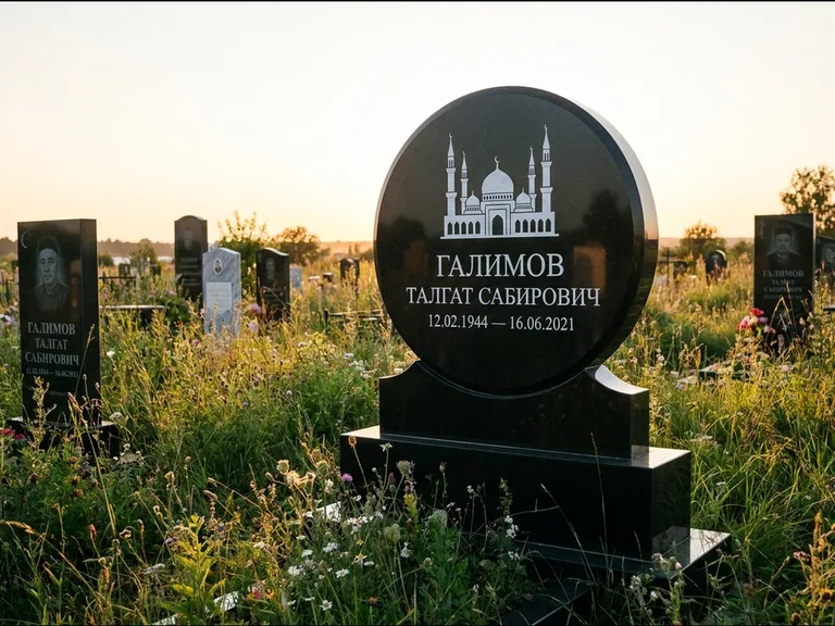Мусульманский памятник с гравировкой мечети: округлая стела-медальон на тумбе — гравировка мечети в михраб-арке с орнаментом, луговые травы и полевые цветы, работа «Каримов» в Магнитогорске