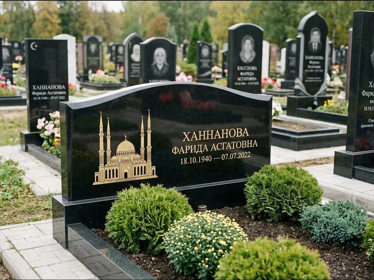 Мусульманский памятник с гравировкой мечети: вытянутая горизонтальная семейная стела с аркой — белая гравировка силуэта мечети с минаретами, участок с декоративными кустами, работа «Гарипова» в Магнитогорске