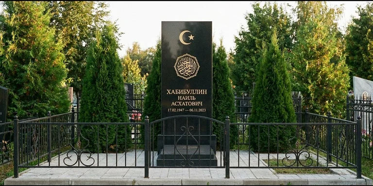 Гравировка на мусульманском памятнике в Магнитогорске — стела из чёрного гранита, оформление по канонам ислама