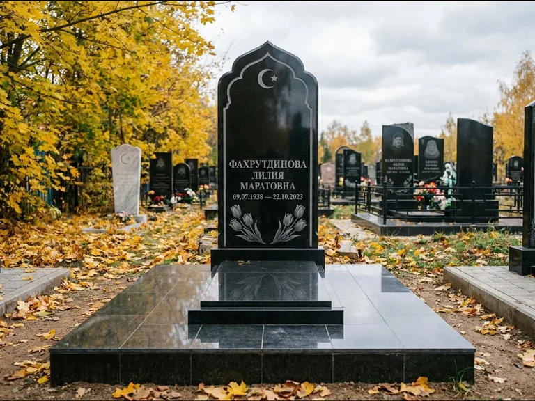 Мусульманский памятник: стела с михраб-навершием в форме арки — гравировка минарета с полумесяцем, гранитный цоколь с тёмной плиткой, работа «Фахрутдинова» в Магнитогорске