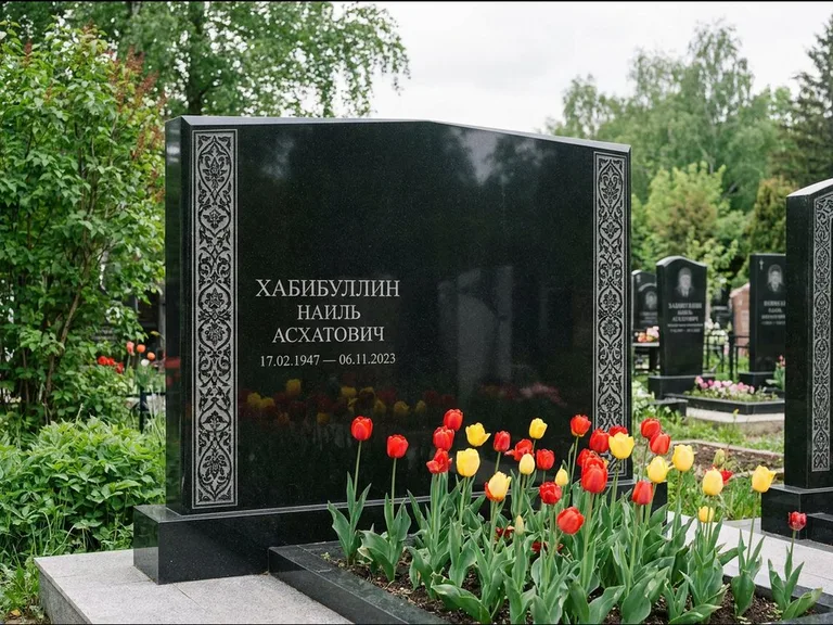 Мусульманский памятник: широкая двойная семейная стела — золочёная гравировка мечети, цветник с тюльпанами, работа «Хабибуллин» в Магнитогорске