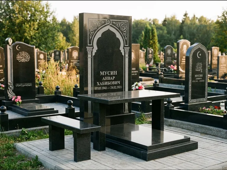 Мусульманский памятник: стела с гранитным столиком и скамьёй — гравировка мечети под полумесяцем и звёздами, семейный участок с плиткой, работа «Гимаев» в Магнитогорске