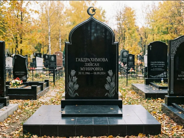 Мусульманский памятник: массивная стела с михраб-навершием — белая гравировка силуэта мечети с минаретами, цоколь тёмной плиткой, работа «Магомедова» в Магнитогорске