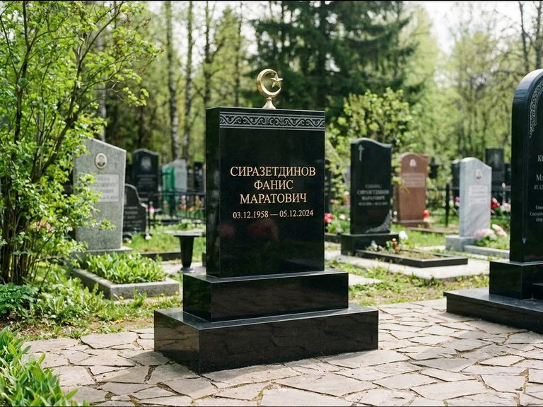 Мусульманский памятник: ступенчатая трёхуровневая стела — золочёная гравировка мечети, дорожка из природного плитняка, работа «Мустафин» в Магнитогорске