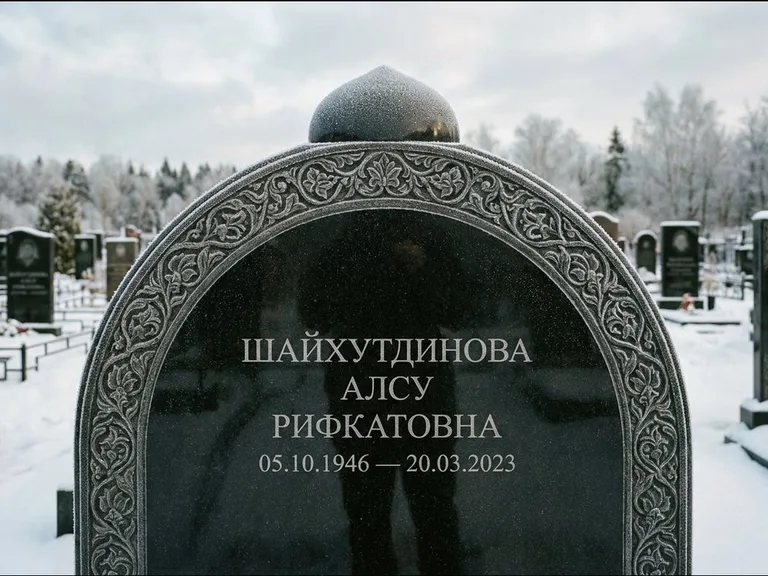Мусульманский памятник: полукруглая стела с купольным навершием — гравировка мечети под полумесяцем и звёздами, заснеженный зимний участок, работа «Ганиева» в Магнитогорске
