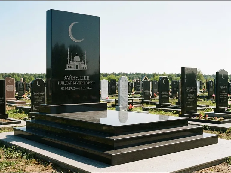 Мусульманский памятник: массивная стела на ступенчатом постаменте — гравировка мечети под полумесяцем и звёздами, гранитная площадка без ограды, работа «Хабибуллин» в Магнитогорске