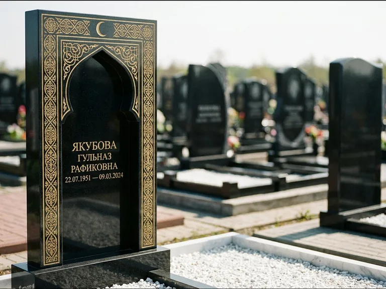 Мусульманский памятник: стела в форме михраба с глубокой нишей и золочёным орнаментом — детализированная гравировка мечети Кул-Шариф, участок с белой мраморной крошкой, работа «Мустафин» в Магнитогорске