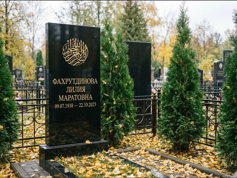 Мусульманский памятник — шахада в верхней части стелы, работа «Фахрутдинова» в Магнитогорске