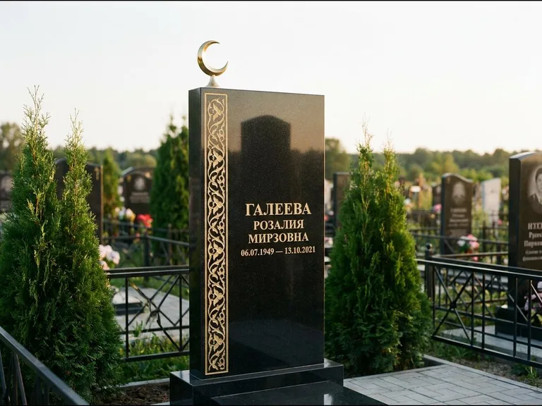 Памятник с гравировкой полумесяца — золочёный полумесяц и колонна растительного орнамента-ислими, работа «Галеева» в Магнитогорске