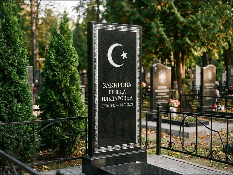 Памятник с гравировкой полумесяца — строгая белая гравировка полумесяца со звездой и орнаменталь, работа «Закирова» в Магнитогорске