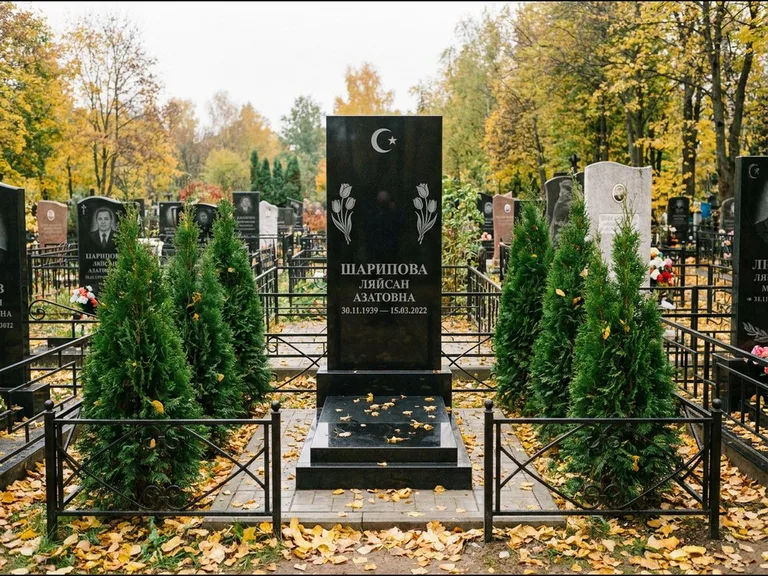 Памятник с гравировкой полумесяца — гравировка полумесяца со звездой и тюльпанами по бокам, работа «Шарипова» в Магнитогорске