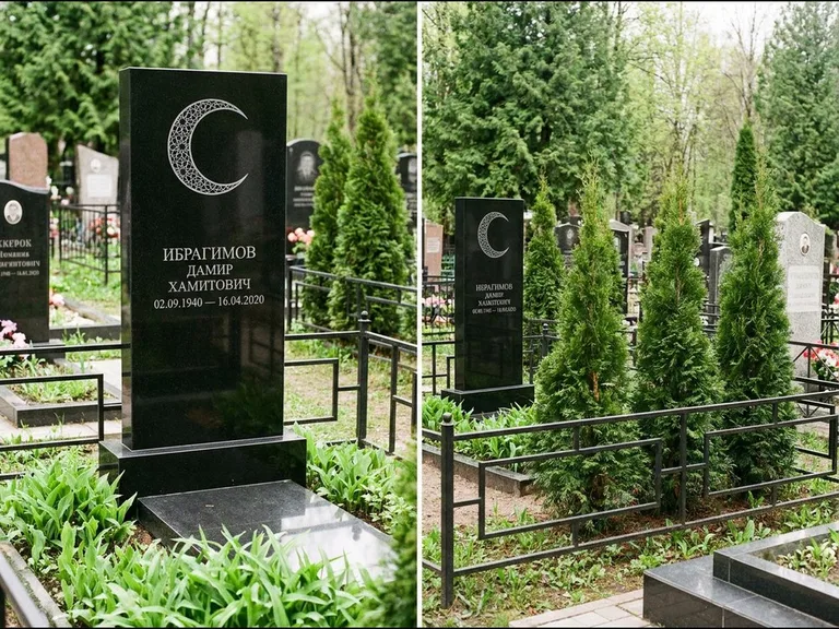 Памятник с гравировкой полумесяца — гравировка полумесяца в геометрическом орнаменте-гирихе, работа «Ибрагимов» в Магнитогорске
