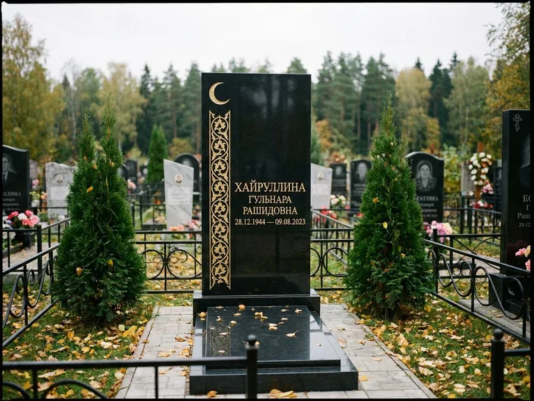 Памятник с гравировкой полумесяца — золочёный полумесяц и колонна растительного орнамента-ислими, работа «Хайруллина» в Магнитогорске