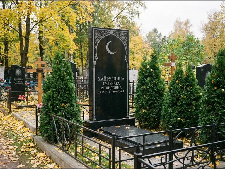 Памятник с гравировкой полумесяца — гравировка полумесяца в восточной арке с орнаментом, работа «Хайруллина» в Магнитогорске