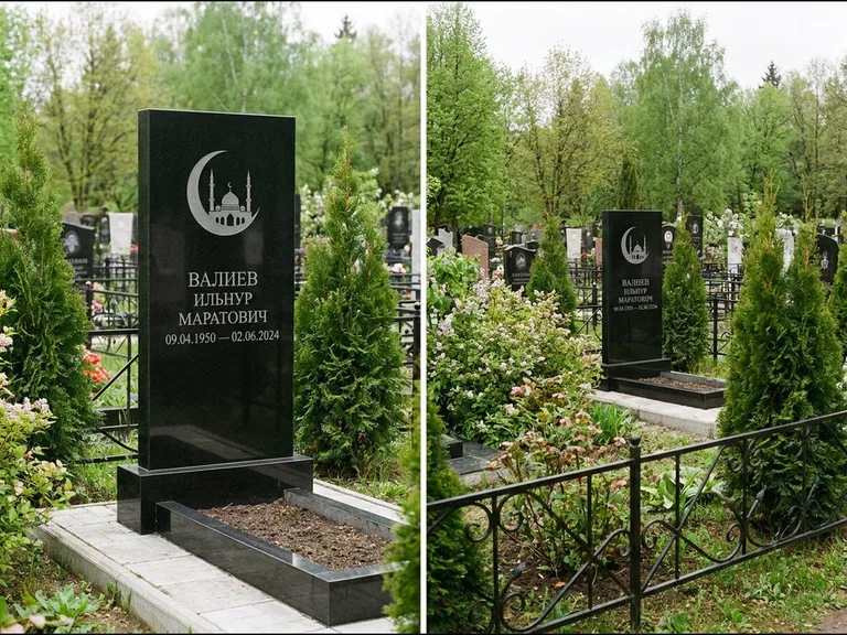 Памятник с гравировкой полумесяца — гравировка полумесяца над силуэтом мечети, работа «Валиев» в Магнитогорске