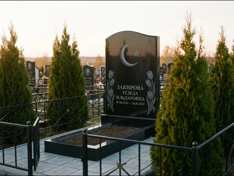 Памятник с гравировкой полумесяца — гравировка полумесяца со звездой и тюльпанами по бокам, работа «Закирова» в Магнитогорске