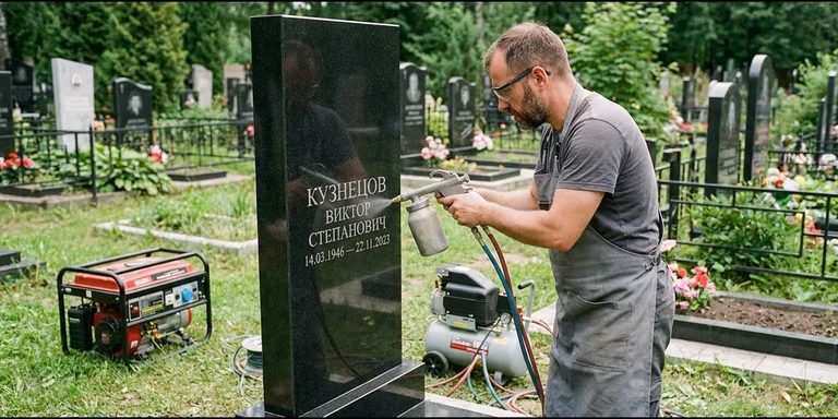 Гравировка на памятнике с выездом на кладбище в Магнитогорске — мастер гравирует установленный памятник