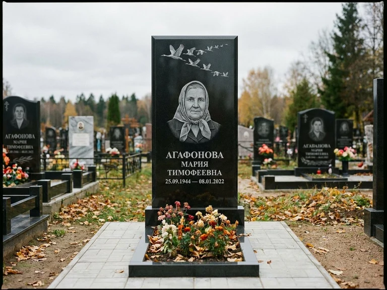 Гравировка журавлей на памятник в Магнитогорске — памятник из чёрного гранита с гравировкой