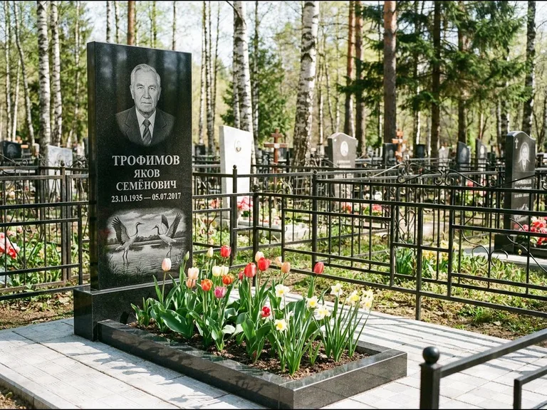 Памятник с гравировкой журавлей — гравировка пары журавлей над гладью озера в нижней части, работа «Трофимов» в Магнитогорске