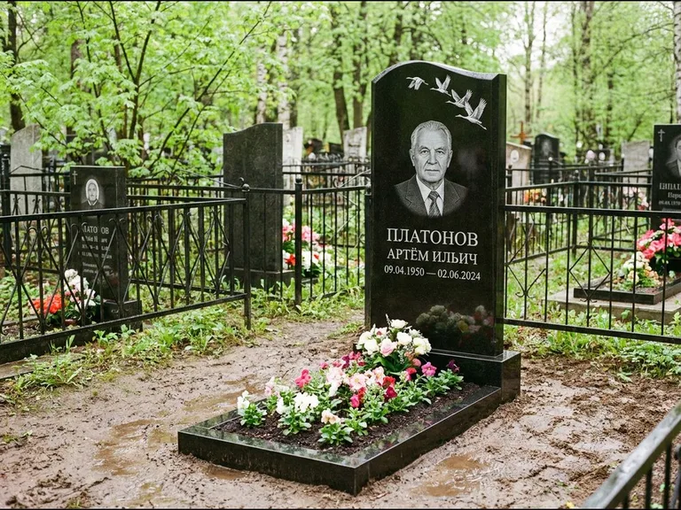 Памятник с гравировкой журавлей — белая гравировка клина журавлей, уходящего в верхний угол ст, работа «Платонов» в Магнитогорске