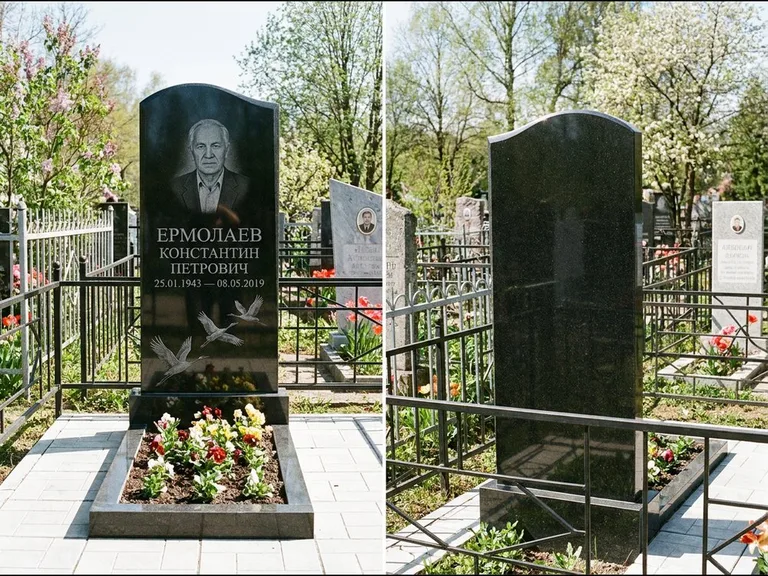 Памятник с гравировкой журавлей — гравировка трёх журавлей по диагонали через свободное поле с, работа «Ермолаев» в Магнитогорске