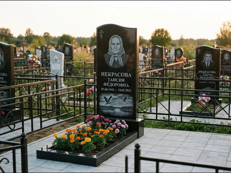 Памятник с гравировкой журавлей — гравировка пары журавлей над гладью озера в нижней части, работа «Некрасова» в Магнитогорске