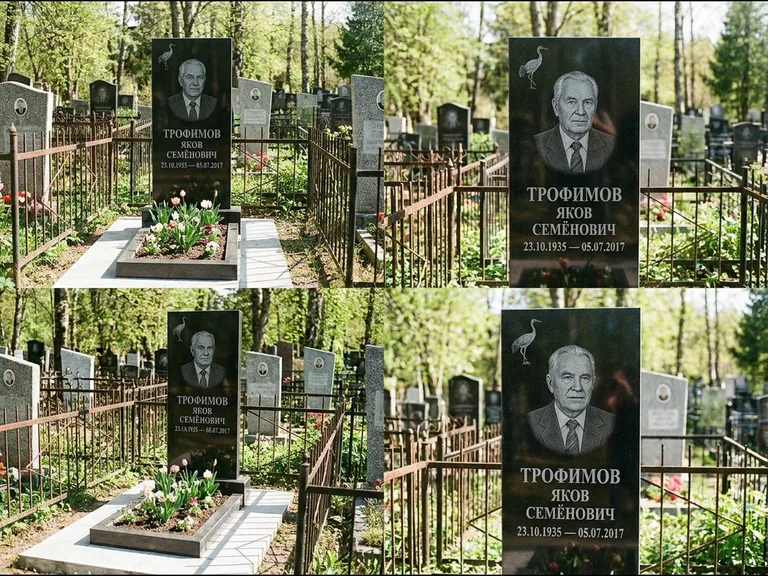 Памятник с гравировкой журавлей — гравировка одиночного летящего журавля над портретом, работа «Трофимов» в Магнитогорске