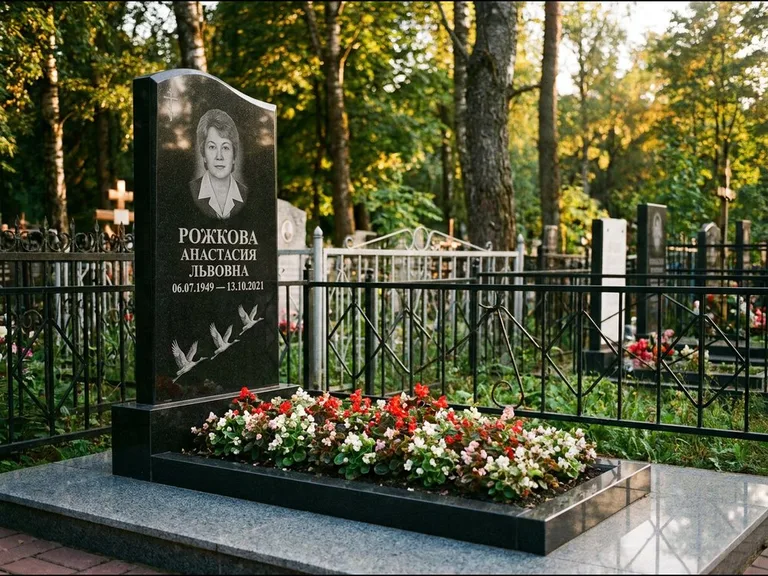 Памятник с гравировкой журавлей — гравировка трёх журавлей по диагонали через свободное поле с, работа «Рожкова» в Магнитогорске