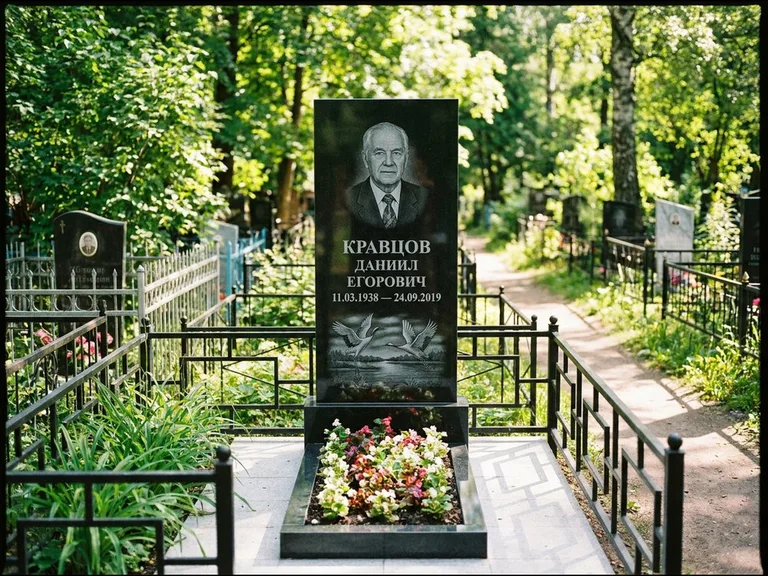 Памятник с гравировкой журавлей — гравировка пары журавлей над гладью озера в нижней части, работа «Кравцов» в Магнитогорске
